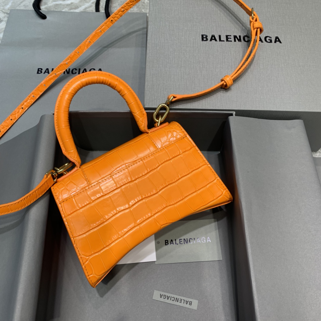 Balenciaga Hourglass XS Handbag Crocodile Embossed Shoulder Bag Orange